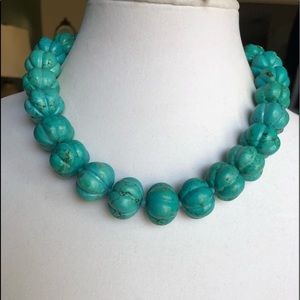 Turquoise Hand Carved Squash Design Beads with Sterling Silver Closure Necklace